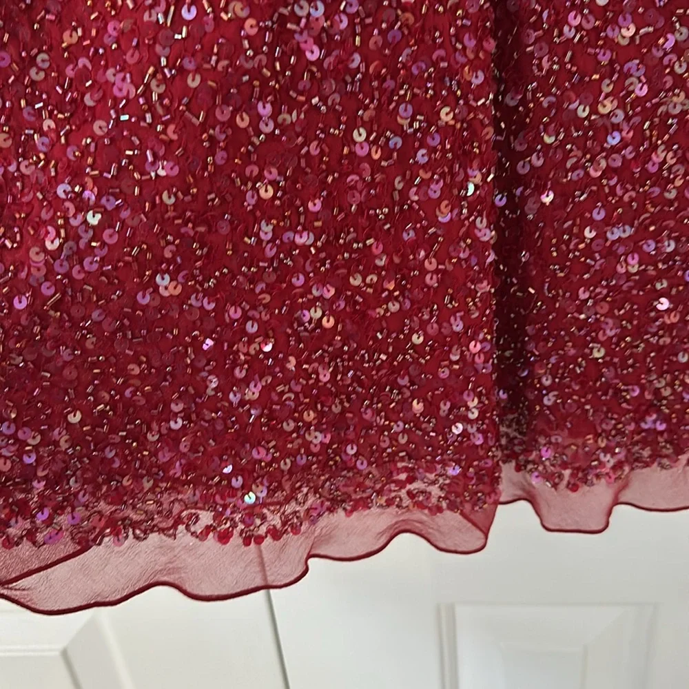 Vintage Papell Boutique Top 1X, Red Silk Embellished V Plunge, Flutter Sleeves - Picture 2 of 8